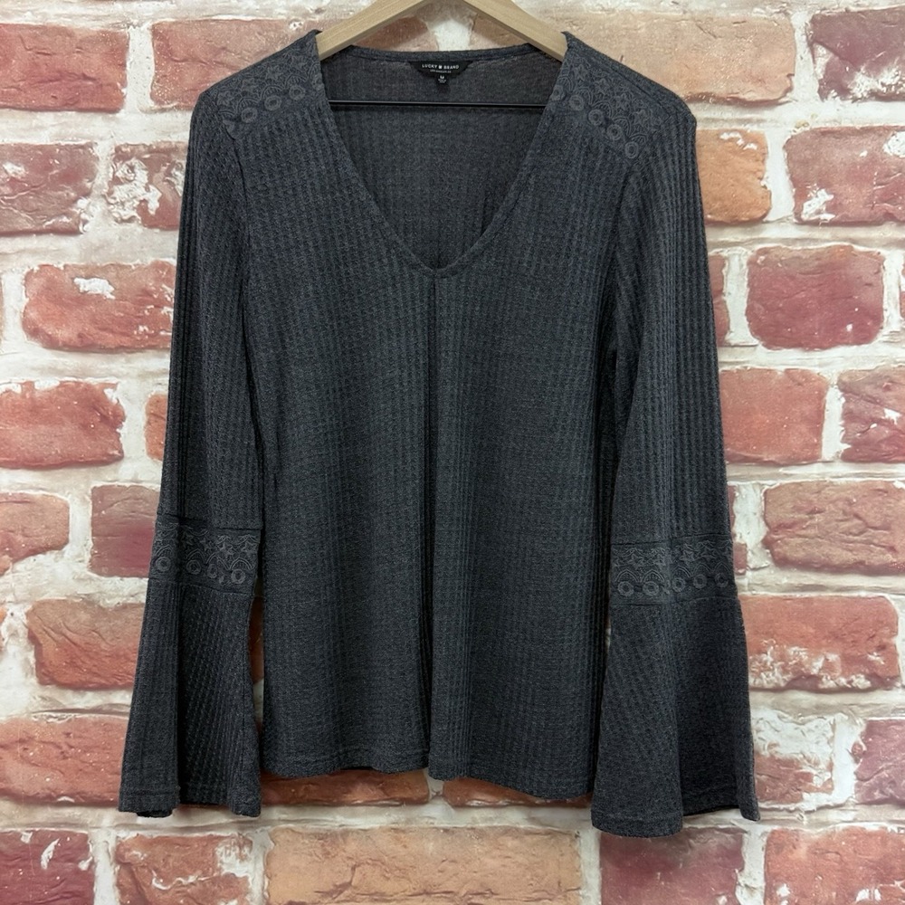 Lucky Brand Top Women's M Gray Boho Thermal Waffle Knit Embroidered Shirt